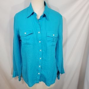 Lands End Linen Long Sleeve Button Up Blouse